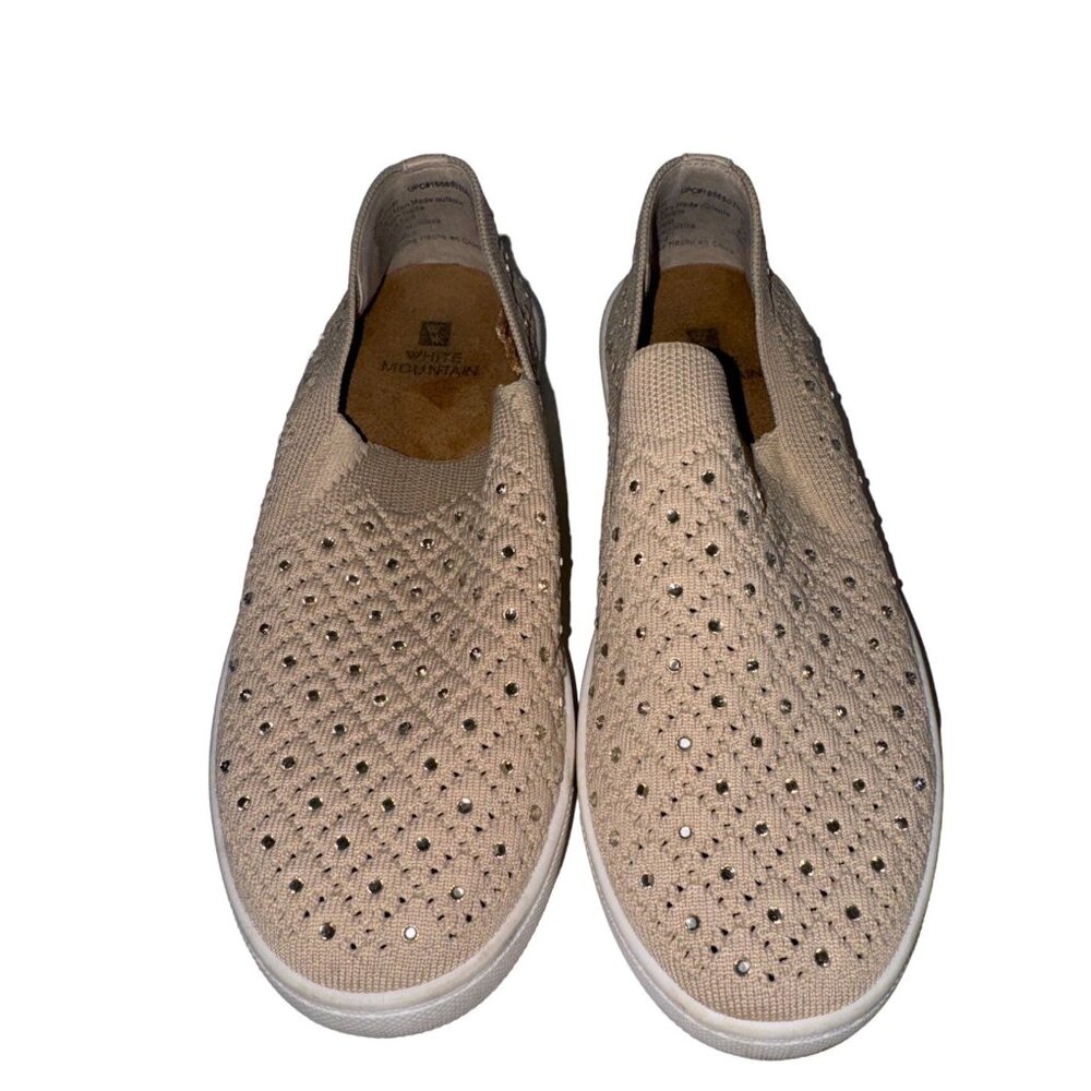 White Mountain Womens Pull-On Sneakers 7M Beige Bling Knit Stretch Modern Casual